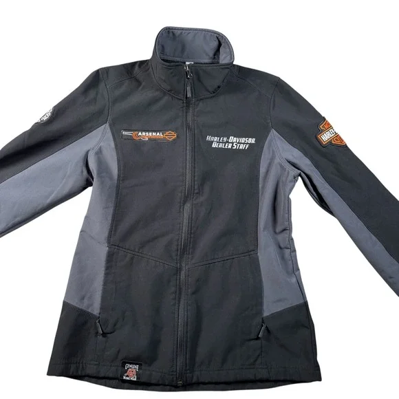 Harley Davidson Soft Shell Jacket Ladies Sz S Black Grey biker Staff Streetwear‎ - Picture 2 of 10